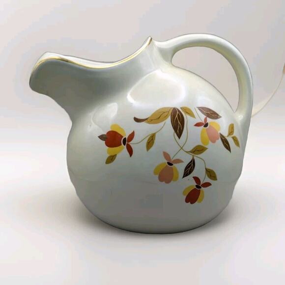 Vtg Hall Jewel Tea Autumn Leaf BALL Pitcher 7 1/2" tall Ice Lip Gold Rim 80 oz. - Picture 1 of 9